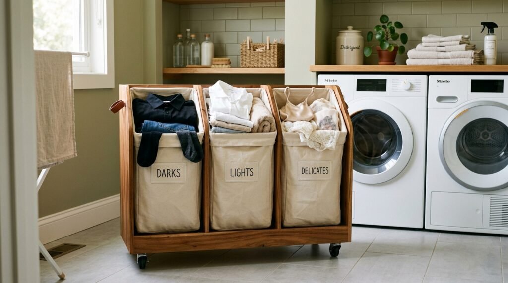 14 Smart Laundry Room Organization Ideas That Actually Work laundry hamper with three compar… 202605152027