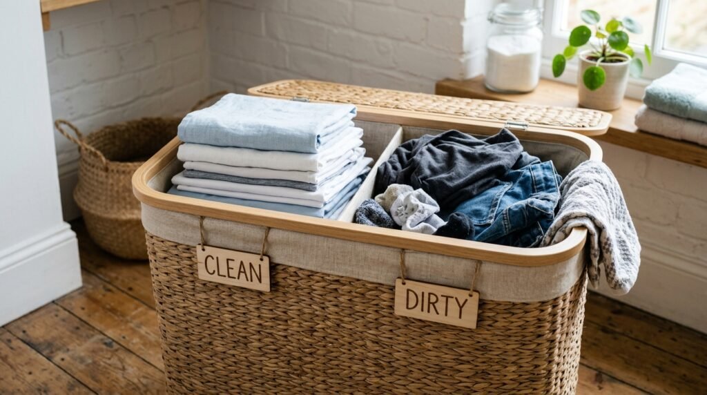 14 Smart Laundry Room Organization Ideas That Actually Work laundry hamper with two compartm… 202605160827