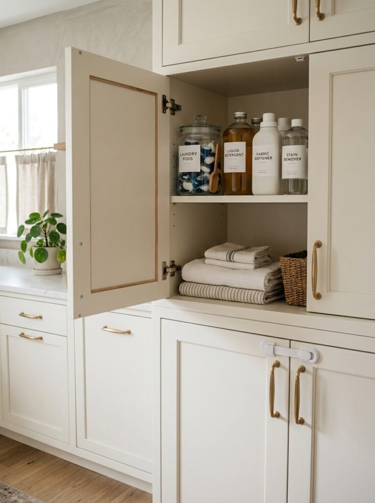 laundry pods stored safely on a high cabinet shelf