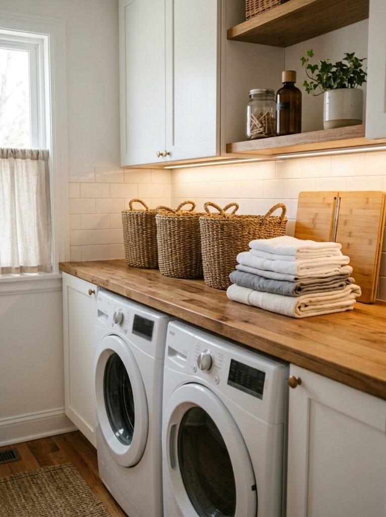 laundry folding station on top of a washer and dryer