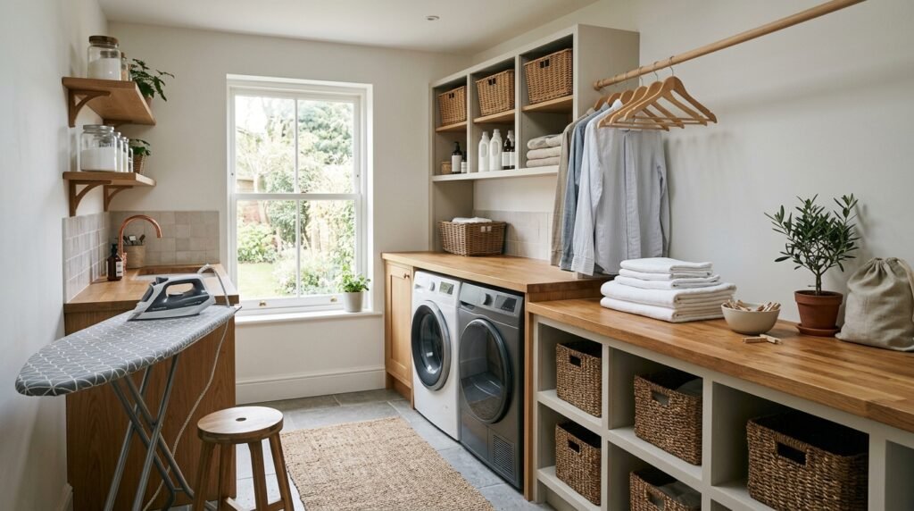 14 Smart Laundry Room Organization Ideas That Actually Work laundry room with ironing board 202605160817