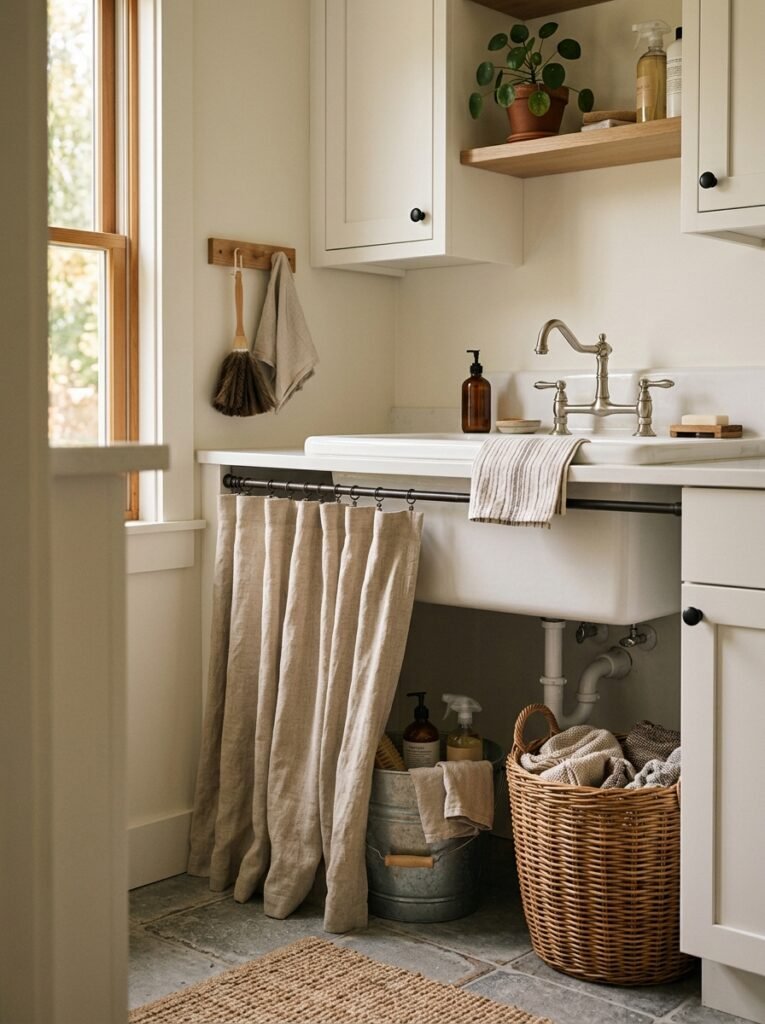 linen curtain hiding supplies under a utility sink