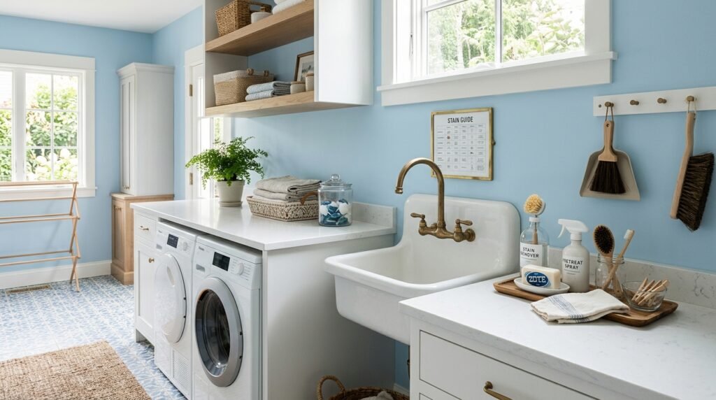 14 Smart Laundry Room Organization Ideas That Actually Work light blue laundry room stain 202605160826