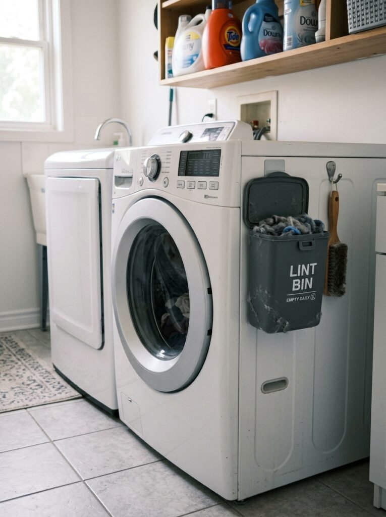 14 Smart Laundry Room Organization Ideas That Actually Work lint bin on washing machine in laundry room