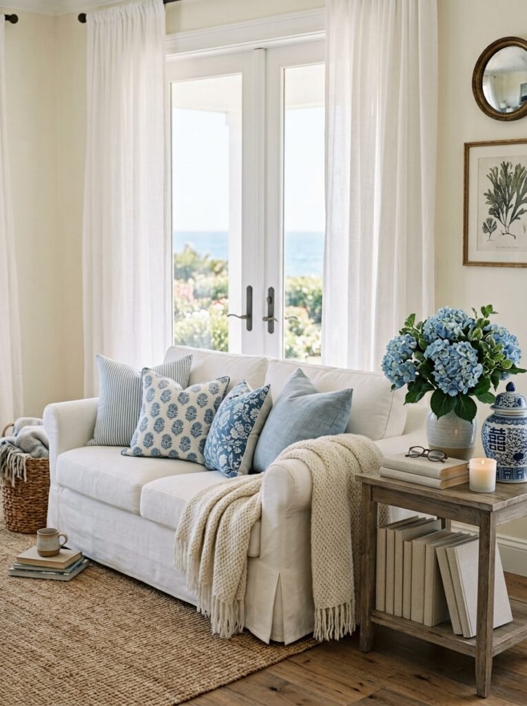 coastal grandmother living room with hydrangeas and ginger jars