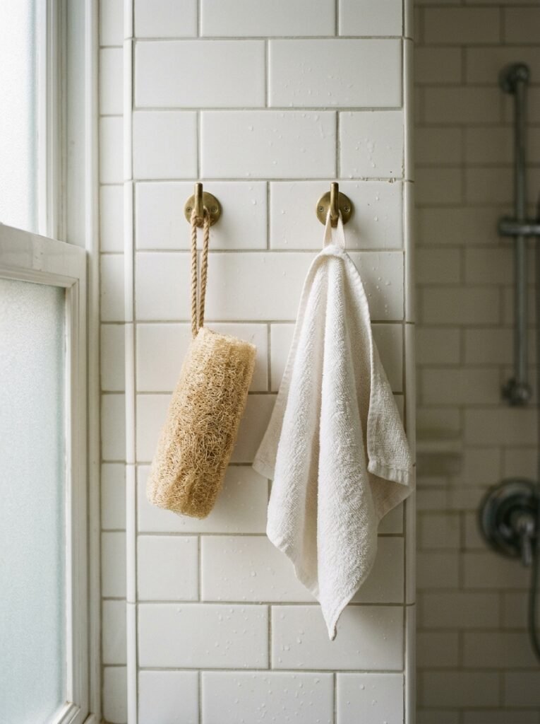 loofah and washcloth hanging to dry in a shower