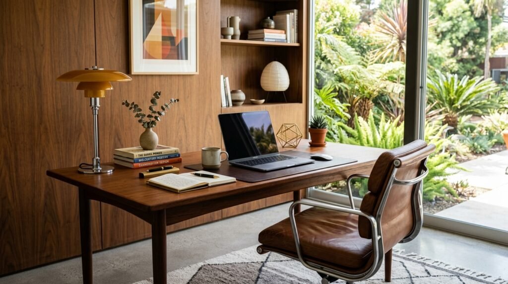 15 Aesthetic Desk Setup Ideas For a Stylish Office mid century modern home office 202605201723