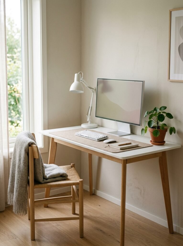 scandinavian minimalist desk setup with beige desk mat