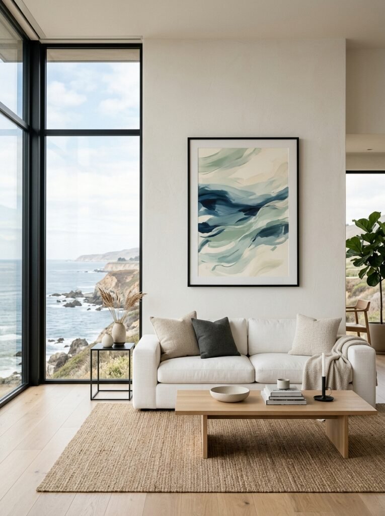 coastal modern living room with a low white sofa and ocean print