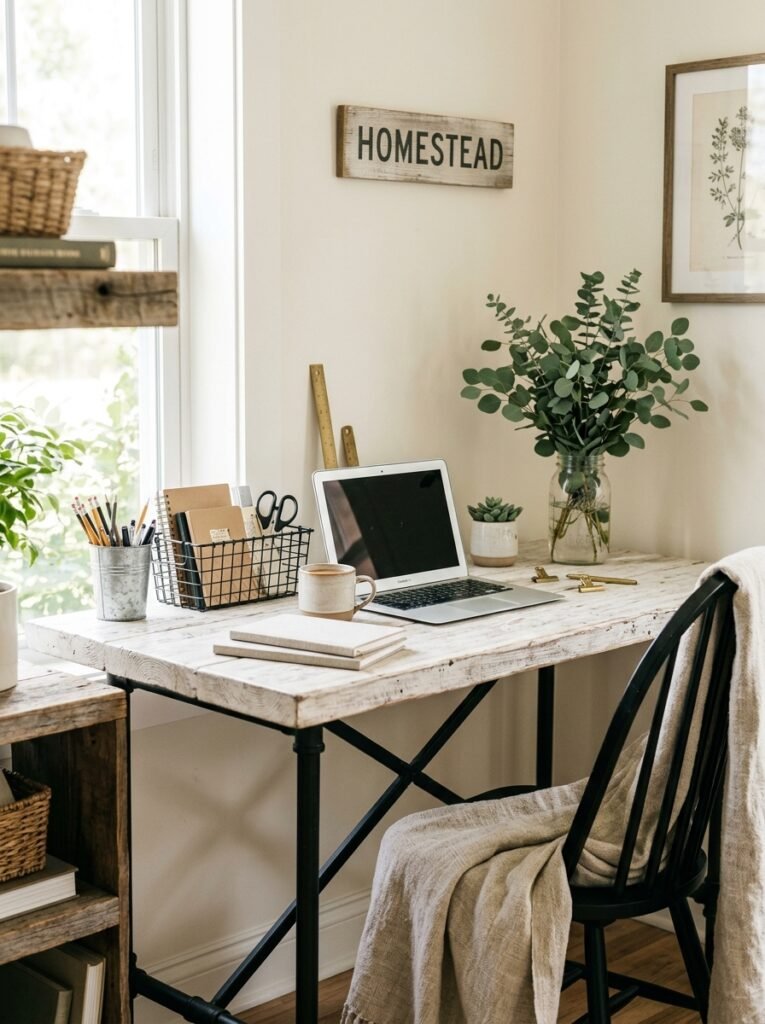 modern farmhouse desk setup with reclaimed wood and wire baskets