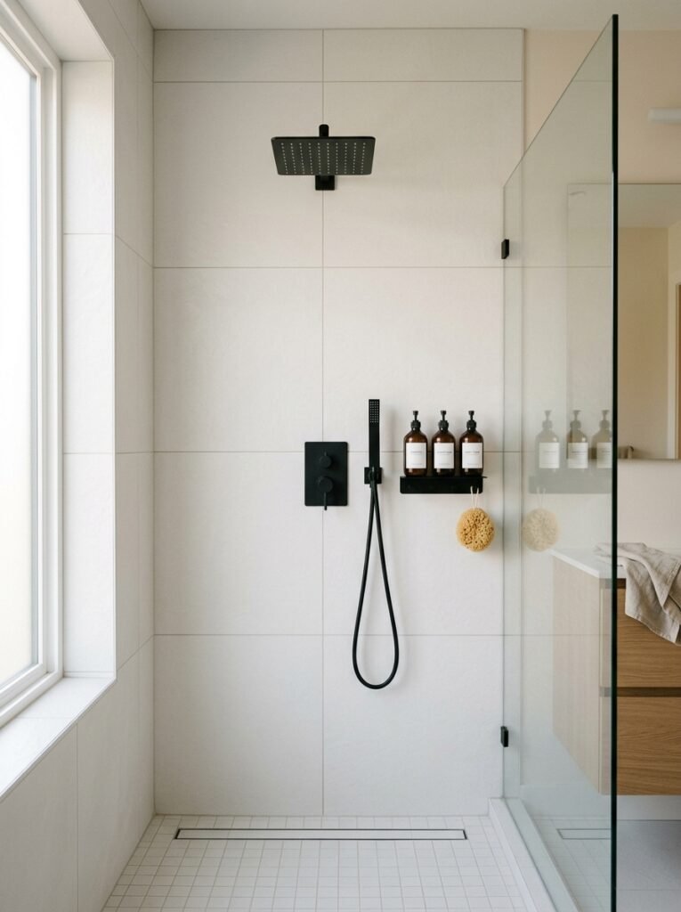 shower with matching matte black fixtures and caddy