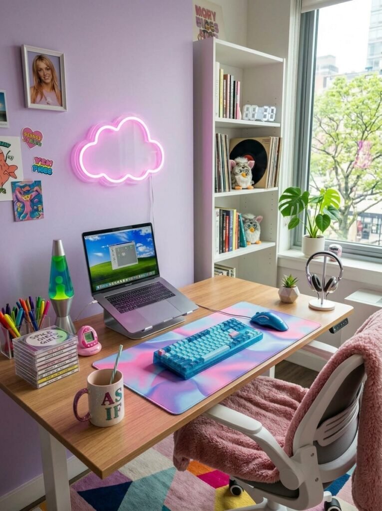 playful y2k desk setup with holographic and chrome accents