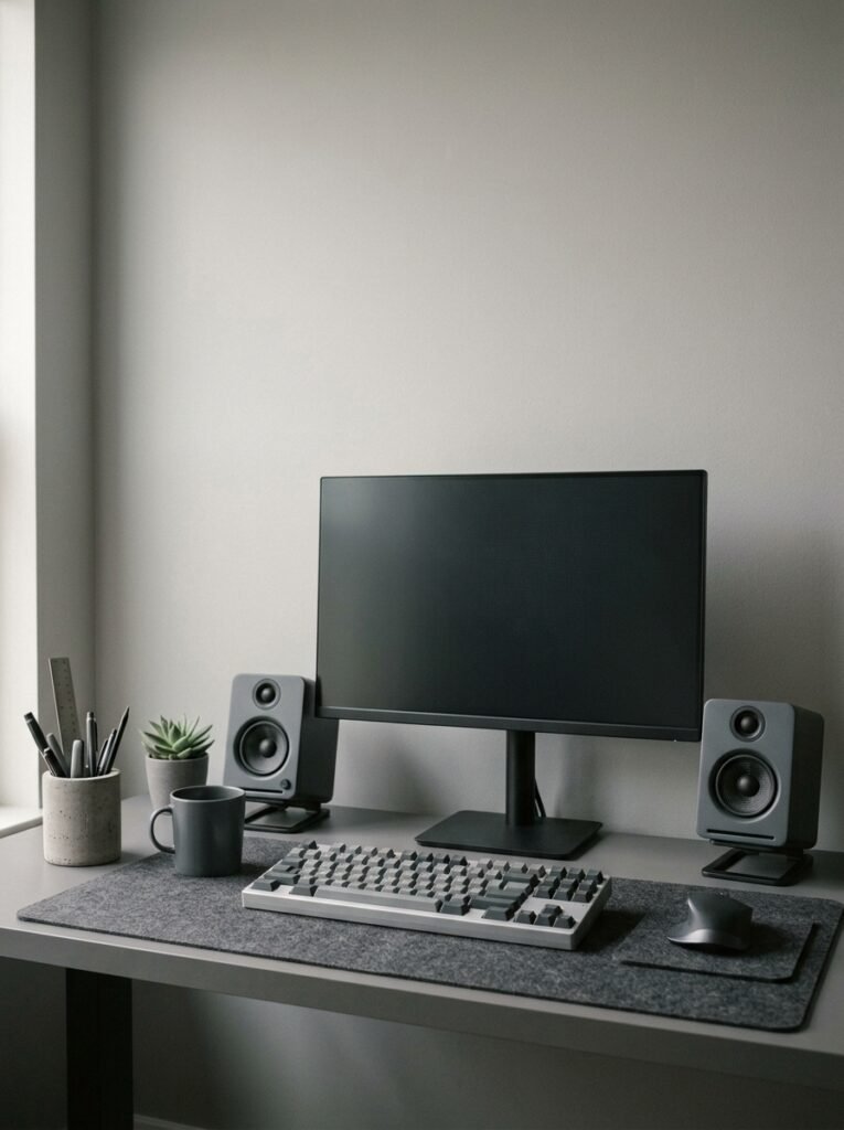 monochrome gray desk setup with matching speakers