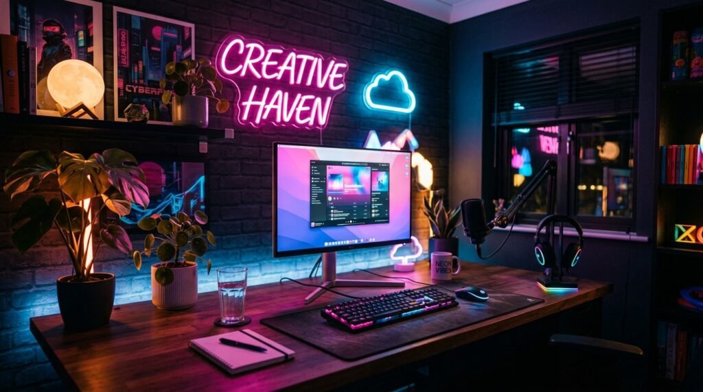 15 Aesthetic Desk Setup Ideas For a Stylish Office neon aesthetic home office desk 202605201748