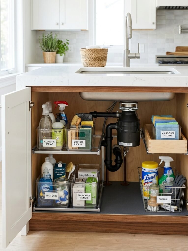 items organized by category inside under sink cabinet