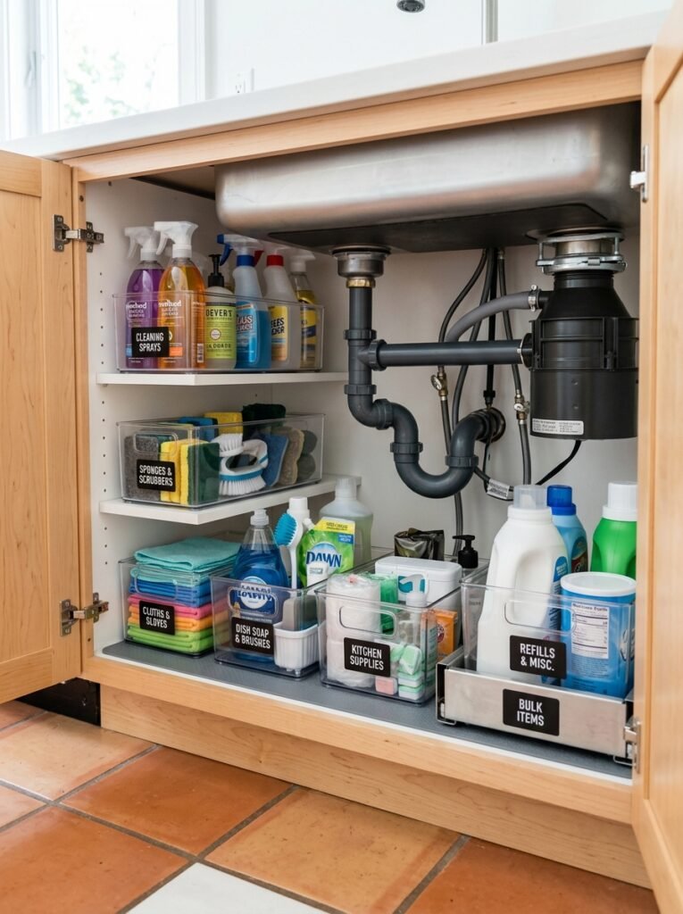 cleaning supplies inside under sink cabinet