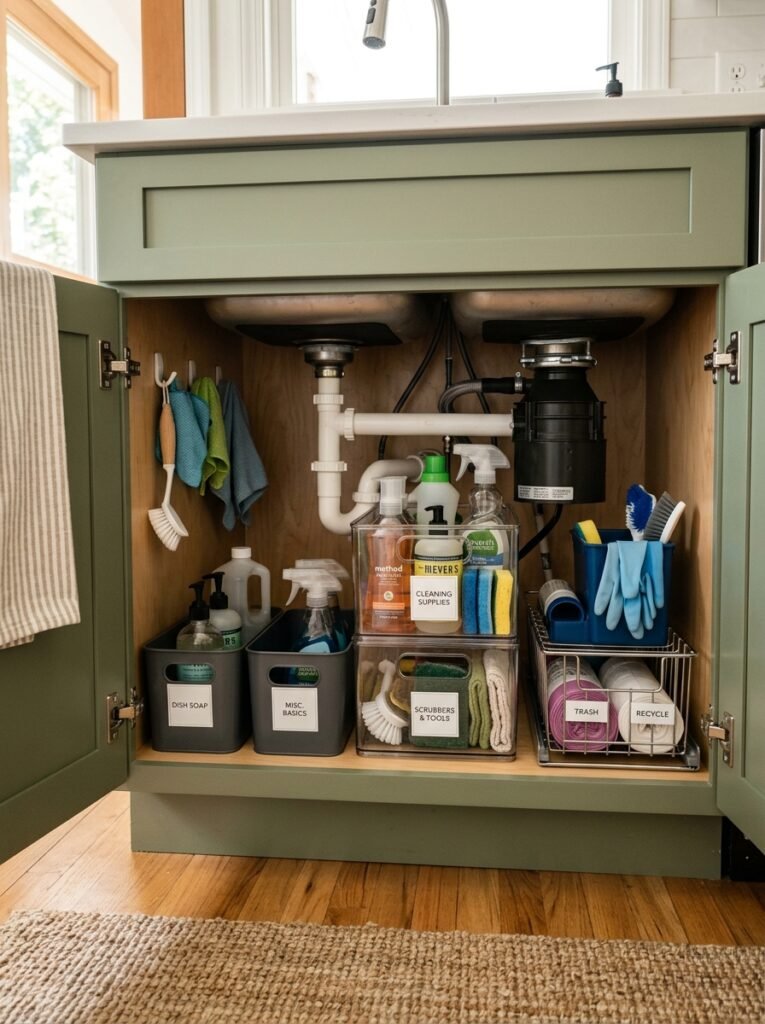 organized under sink cabinet