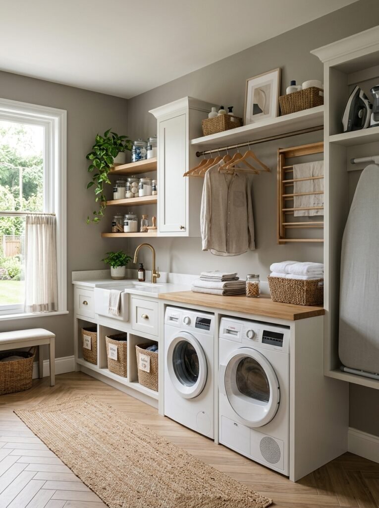 organized laundry room with zones