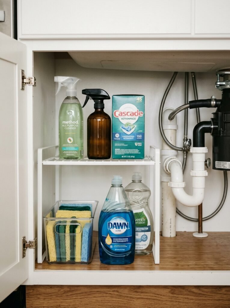 shelf riser doubling storage inside an under sink cabinet