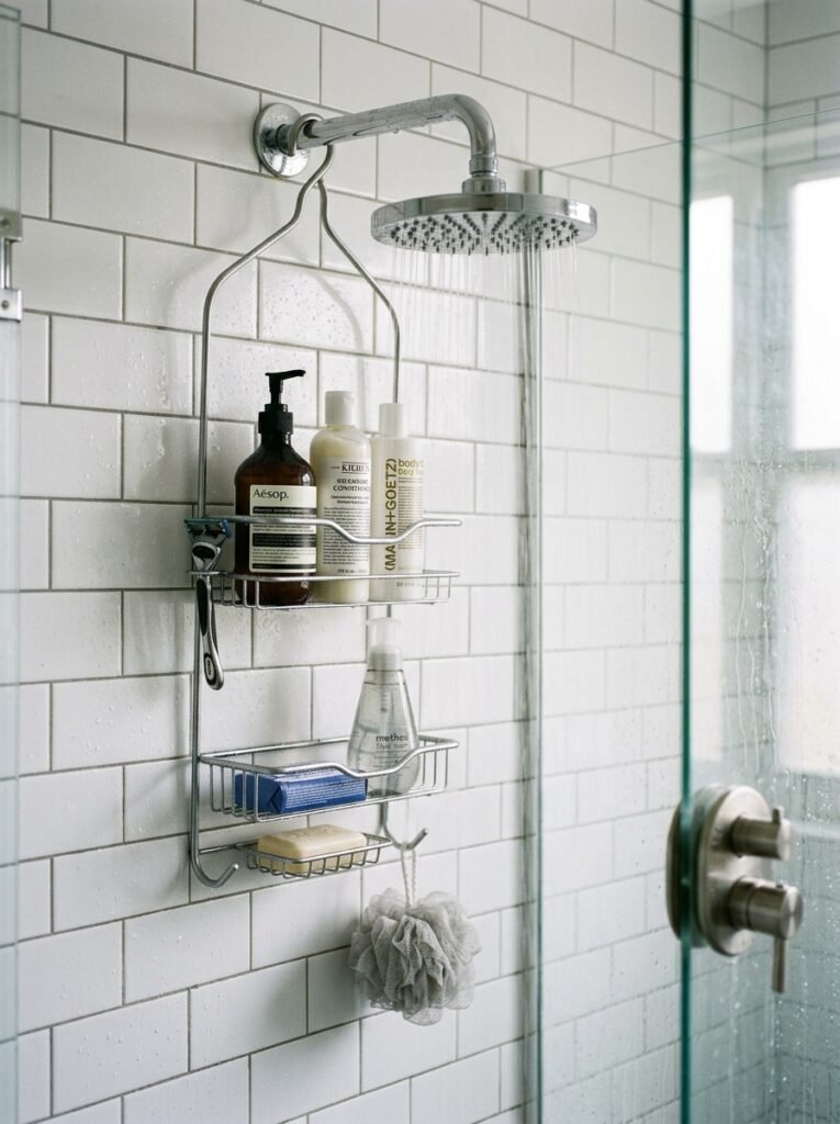 9 Shower Storage Ideas To Keep Your Shower Neat & Organized overhead shower caddy inside shower