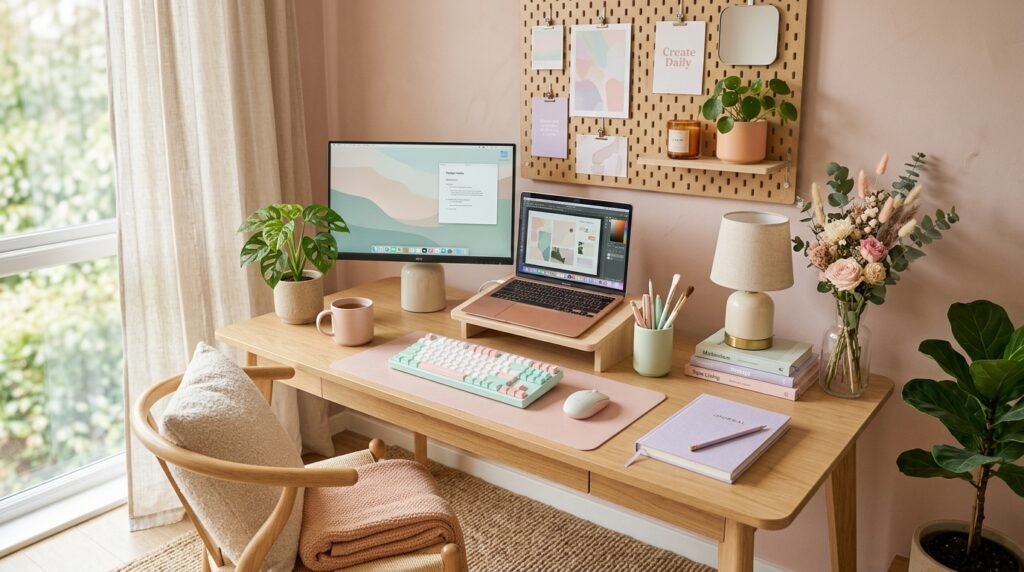 15 Aesthetic Desk Setup Ideas For a Stylish Office pastel home office desk setup 202605201728