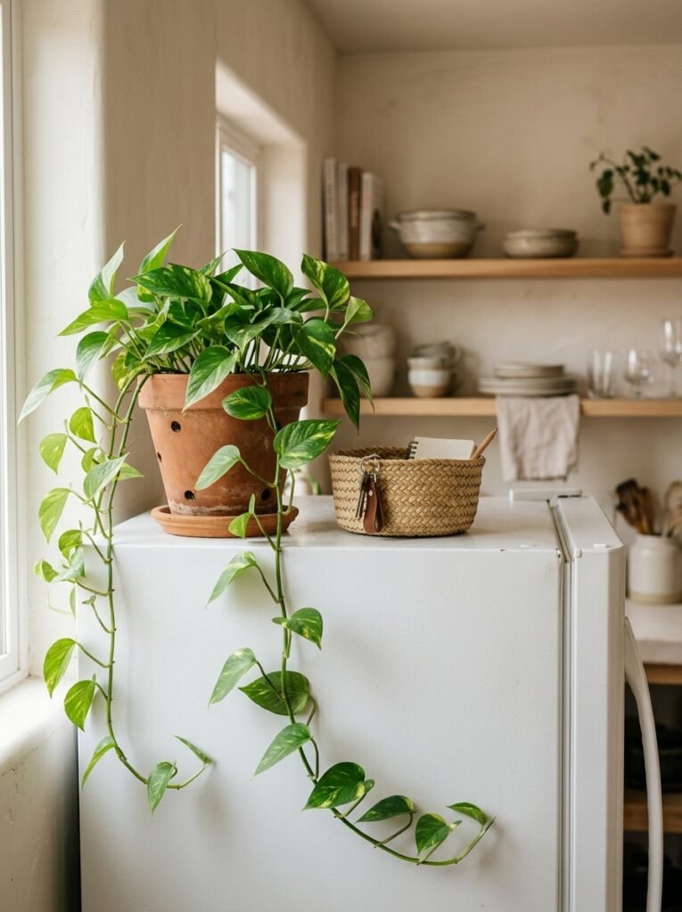 Golden pothos in a terracotta pot with vines trailing down the side of a white fridge