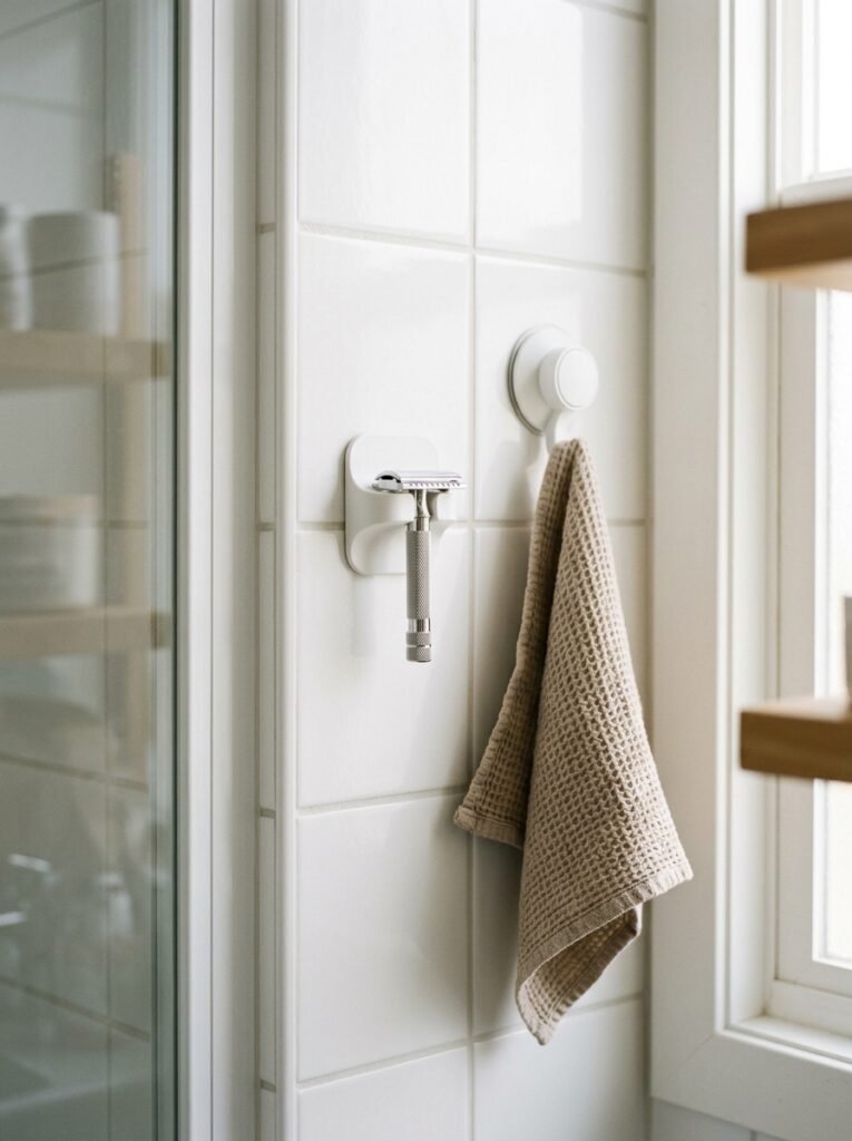 adhesive razor holder on shower tile