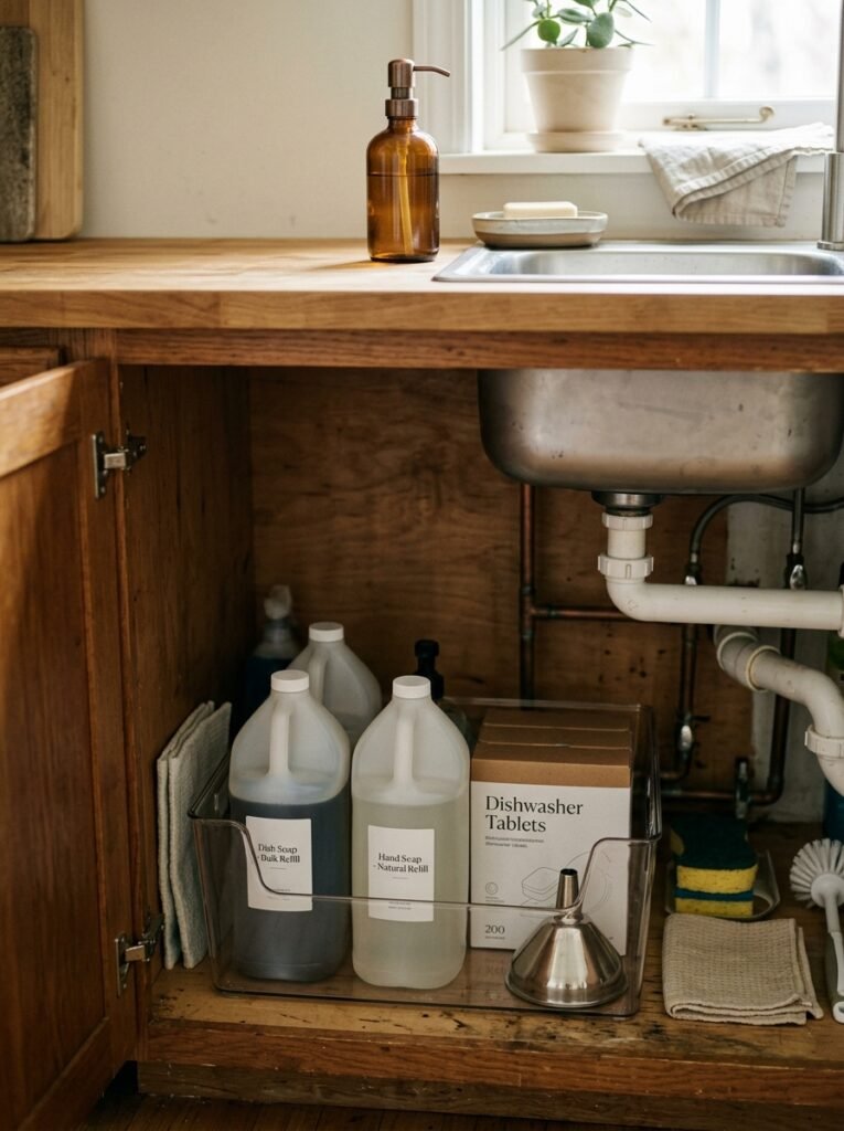 refill station with soap refills under the sink