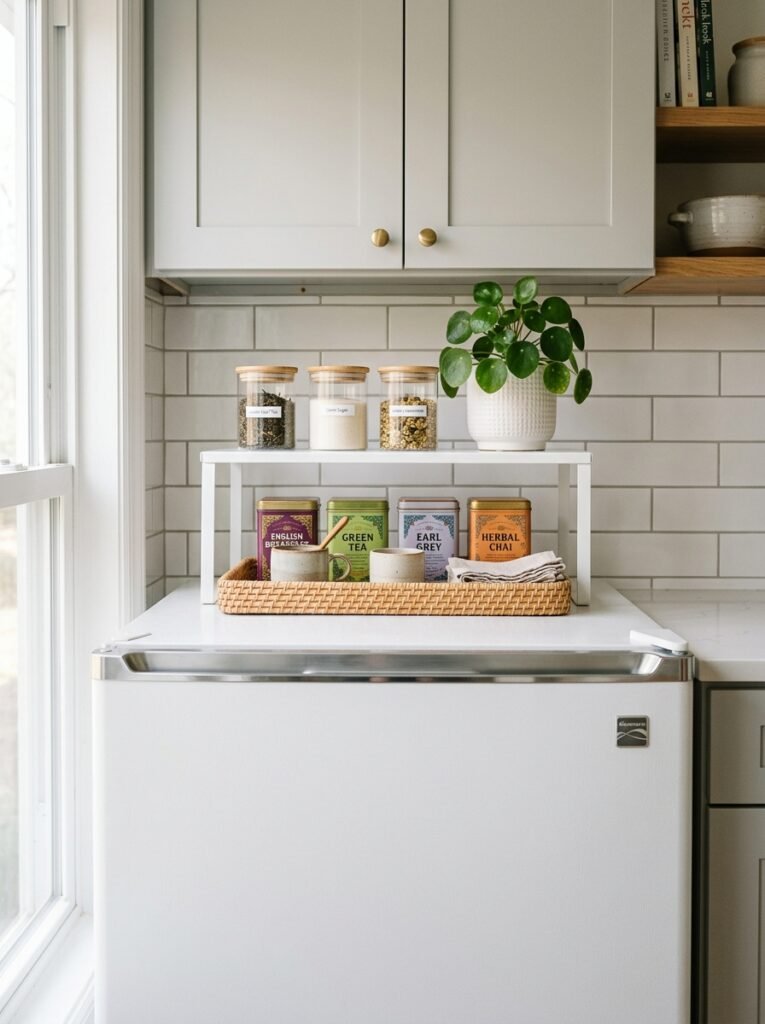 Metal shelf riser creating two levels of storage on top of a refrigerator