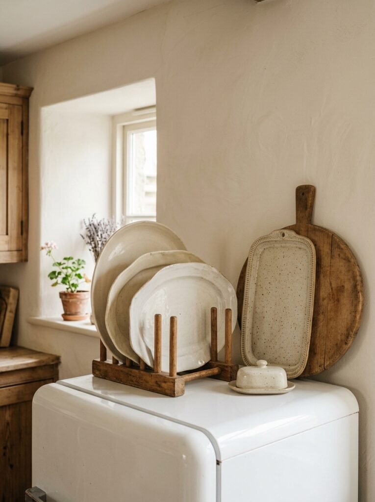 Serving platters and cutting boards stored upright in a wooden rack on top of a fridge