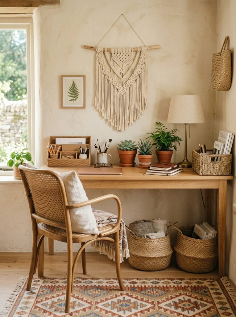 relaxed boho desk setup with macrame and woven baskets