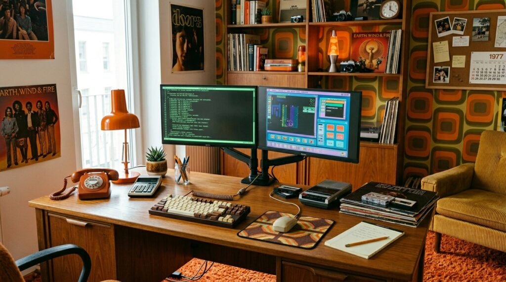 15 Aesthetic Desk Setup Ideas For a Stylish Office retro 70s home office desk 202605201753