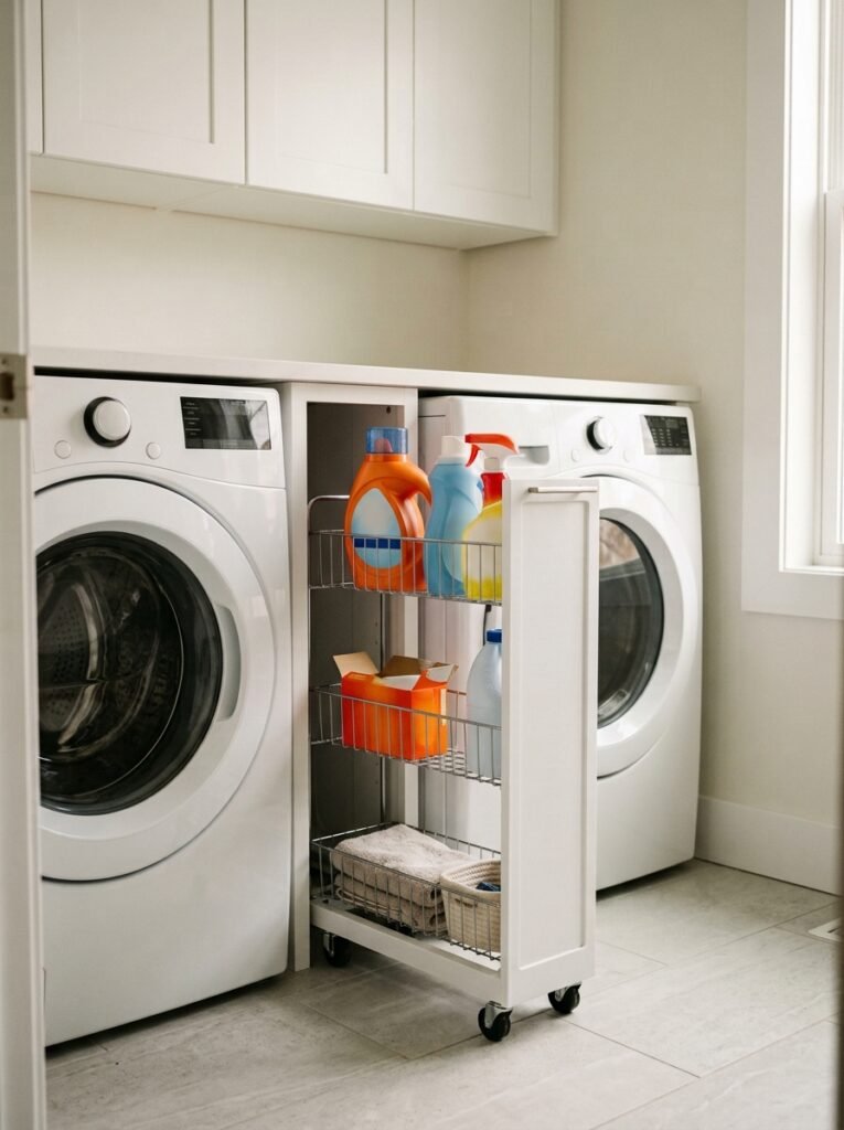 slim rolling cart between a washer and dryer