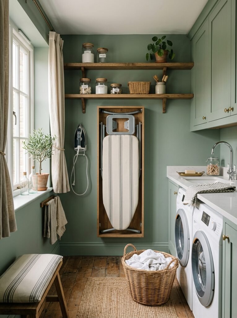 14 Smart Laundry Room Organization Ideas That Actually Work sage green laundry room with ironing board
