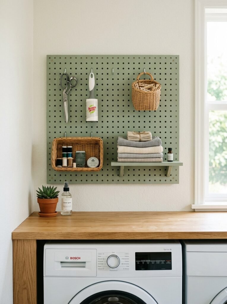 sage green pegboard with laundry supplies