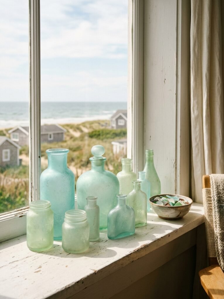 sea glass vases on a sunny windowsill