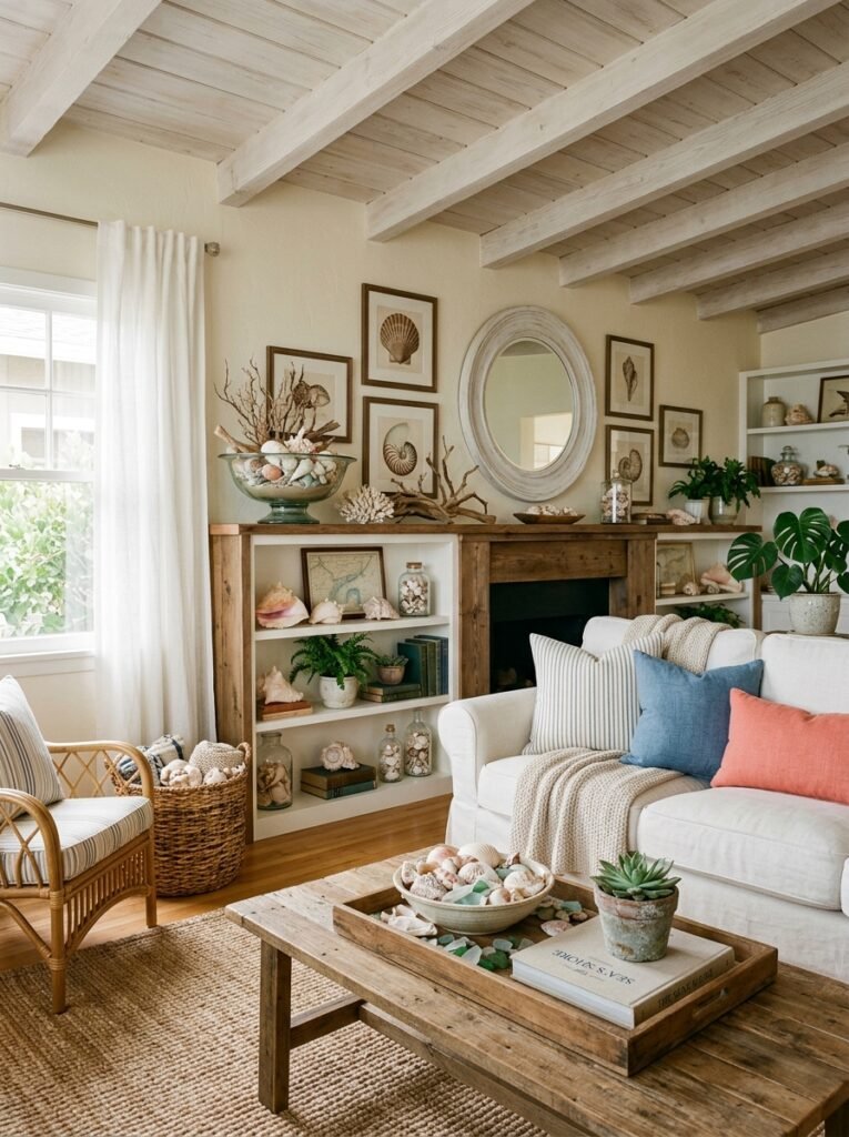 seashell decor in coastal living room 
