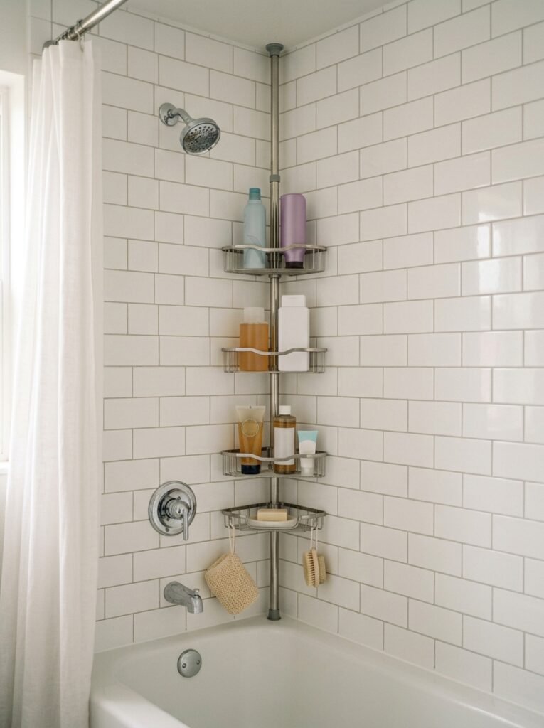 tension pole shower caddy in a tub shower corner