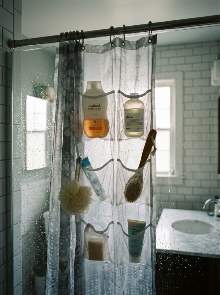9 Shower Storage Ideas To Keep Your Shower Neat & Organized shower curtain with pockets inside shower