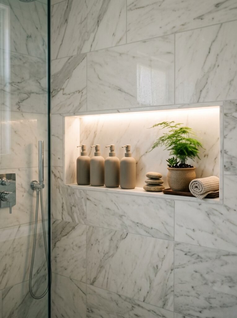 built-in recessed shower niche with matching bottles