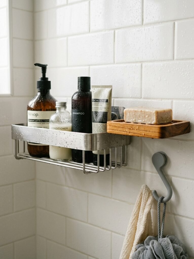 stainless steel shower shelf and teak soap dish