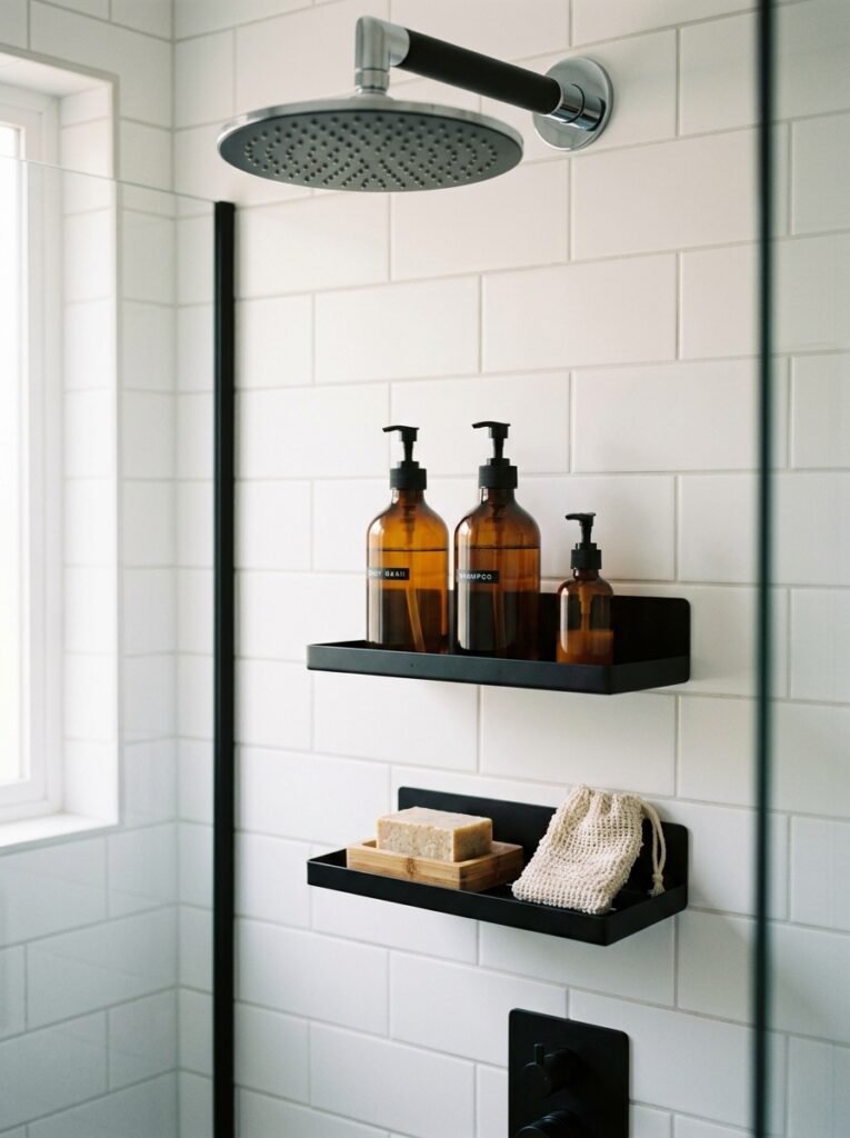matte black adhesive shower shelves on white tile