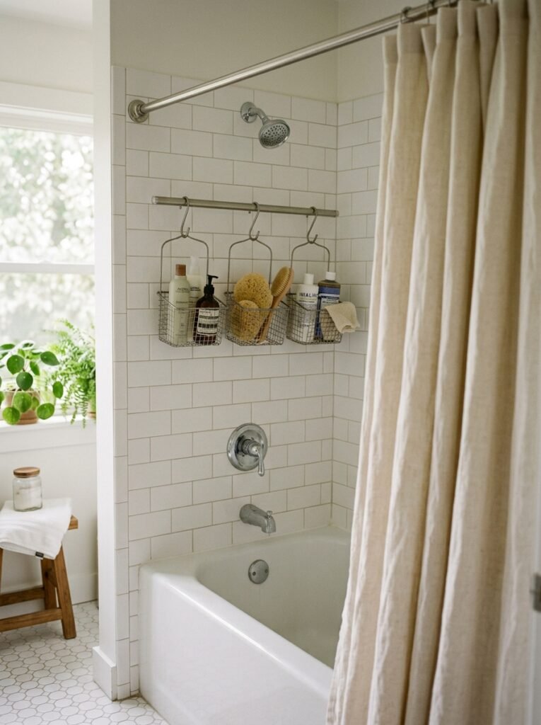 backup shower products stored in a vanity cabinet bin