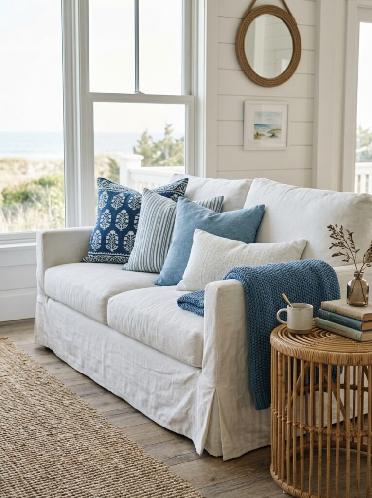 white slipcovered sofa in a coastal living room