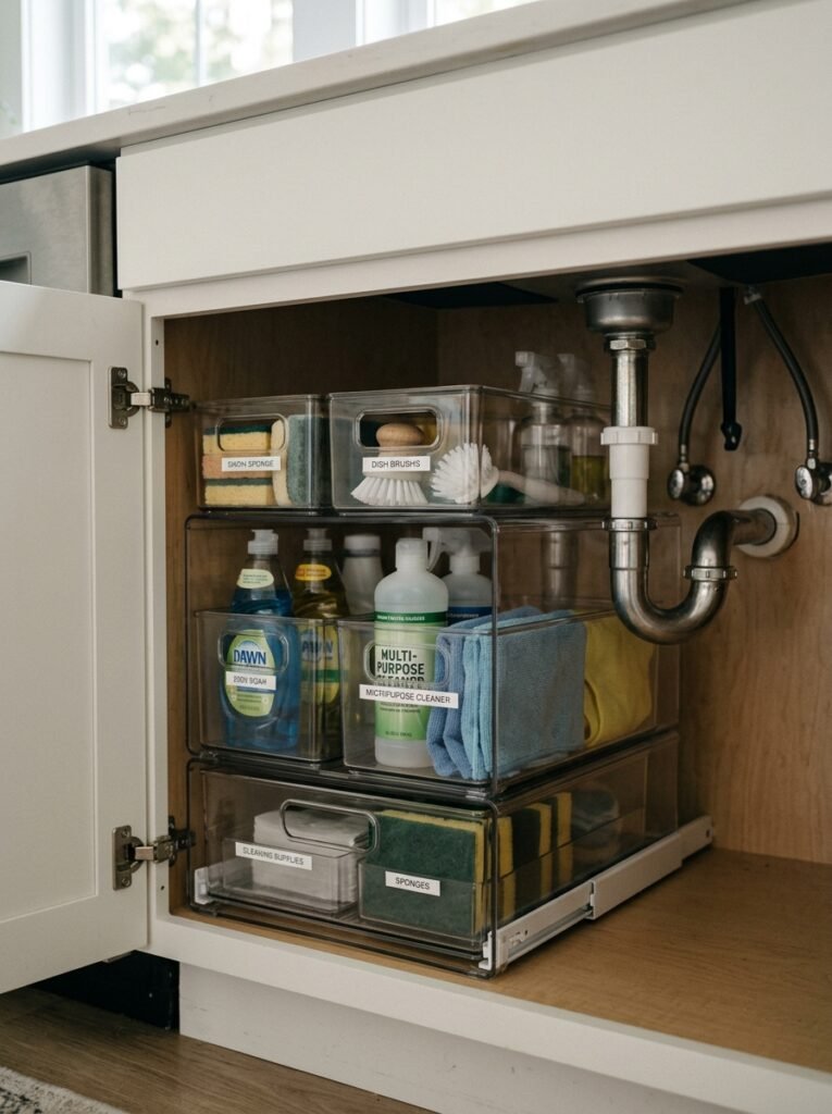 stackable acryllic bins inside under sink cabinet