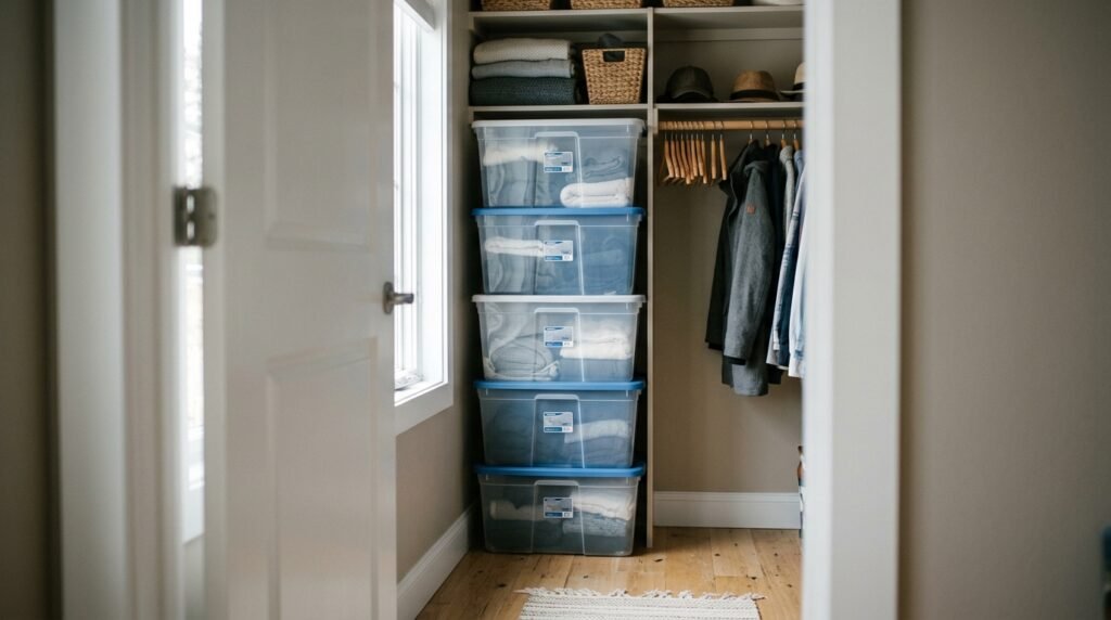 stackable bins inside closet 202605030931