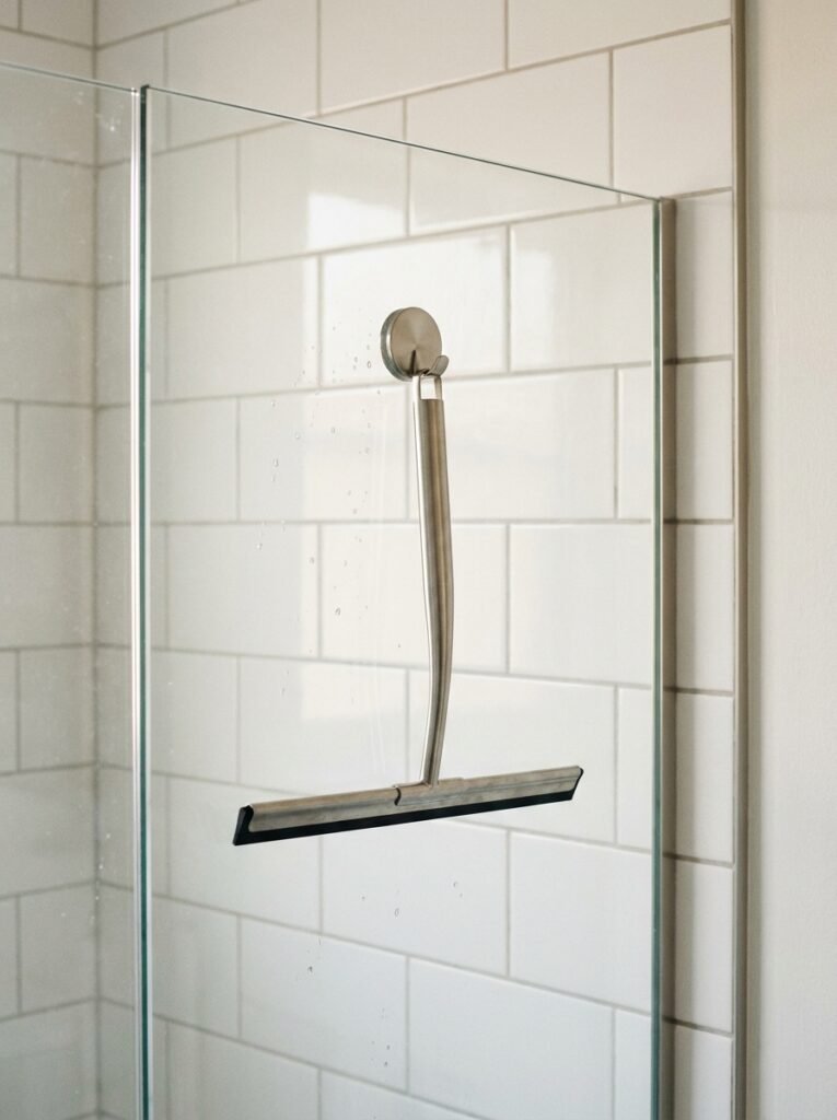 shower squeegee hanging on a glass door