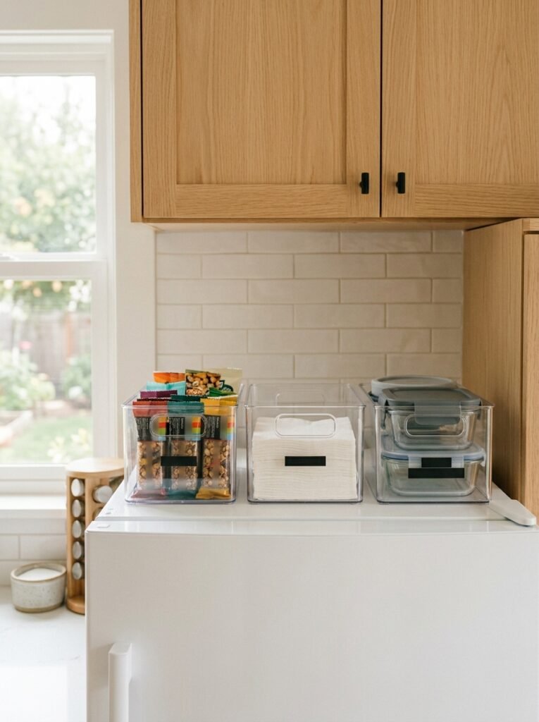 Clear labeled storage bins lined up neatly on top of a white refrigerator