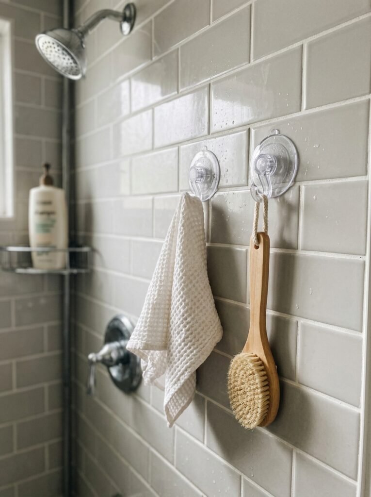 9 Shower Storage Ideas To Keep Your Shower Neat & Organized suction cup hooks inside shower