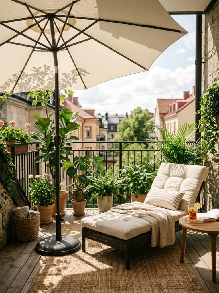 patio umbrella shading a sunny balcony